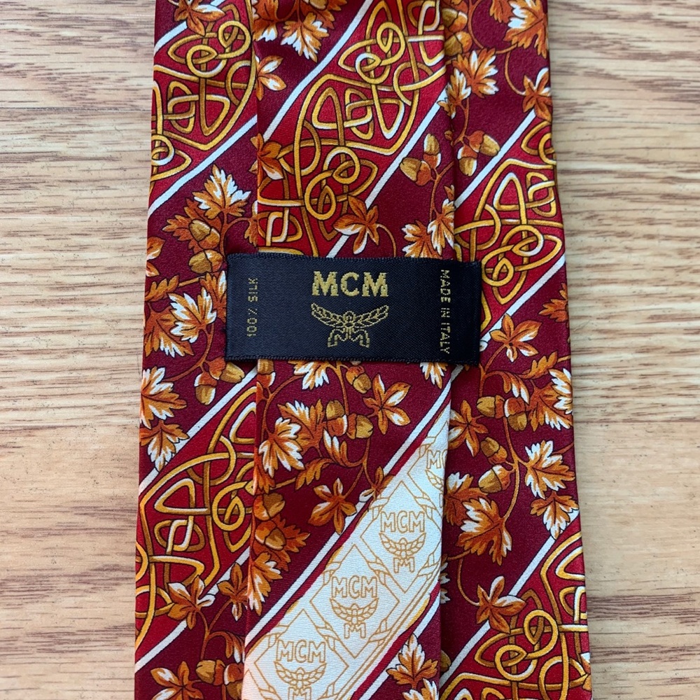 MCM Golden Orange & Burgundy Floral Silk Tie